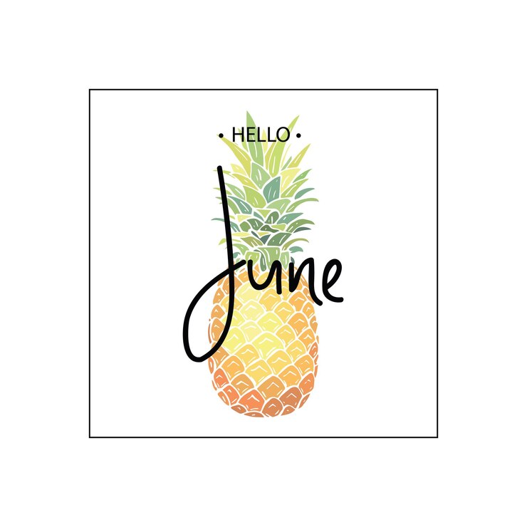 Vector hola inscripción de junio en el fondo de la ilustración vectorial de piña