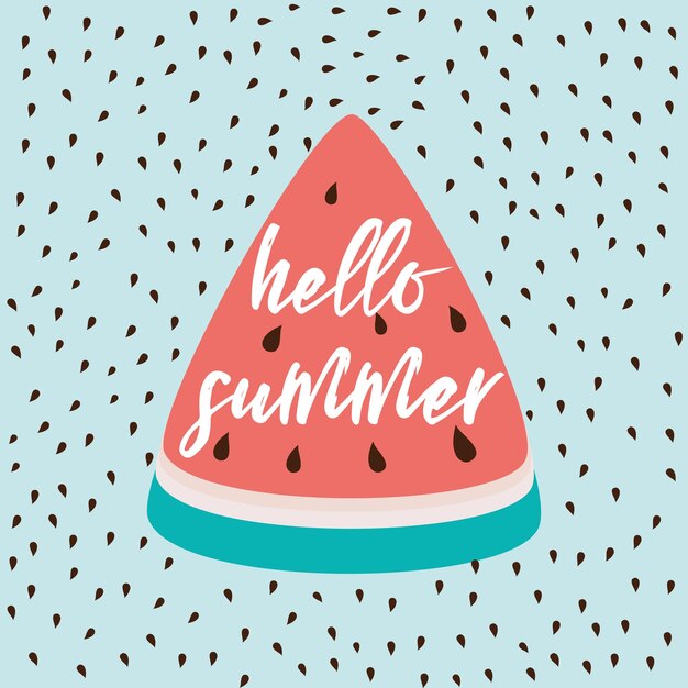 Hola Inscripción de verano en el fondo de sandía en azul claro Ilustración vectorial Caligrafía Elemento de fruta fresca para etiquetas, logotipos, insignias, pegatinas o iconos Cita inspiradora de verano