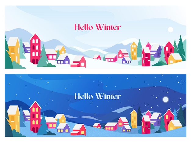 Hola invierno banderas horizontales con casas de colores