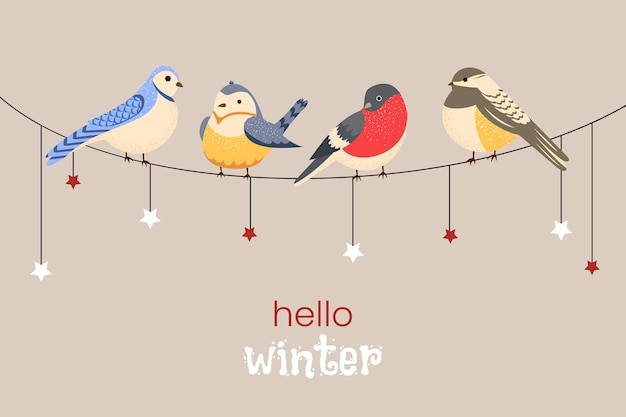 Hola invierno Un conjunto de pájaros en una guirnalda Ilustración vectorial
