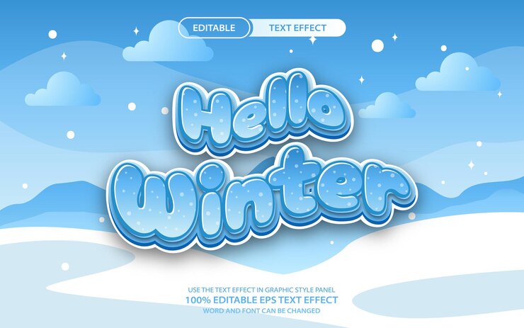 Hola invierno diseño de efectos de texto editable con un tema nevado fresco para gráficos estacionales
