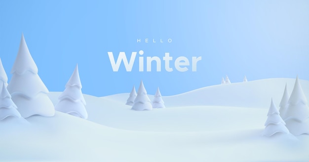 Hola invierno. Ilustración vectorial 3d. Paisaje invernal con ventisqueros y abetos nevados. Fondo de naturaleza estacional. Colinas de nieve helada. Decoración de temporada
