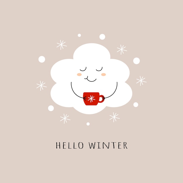 Hola invierno Lindo personaje de nube con taza de café y copos de nieve Tarjeta postal minimalista de felicitación Ilustración vectorial plana