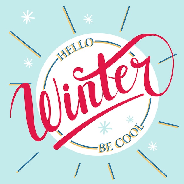 Vector hola invierno ser texto escrito a mano fresco. letras de pincel en el fondo azul de invierno con copos de nieve. diseño de tarjeta de vector con caligrafía. tipografía de invierno. plantilla de tarjeta, banner o flyer de invierno.