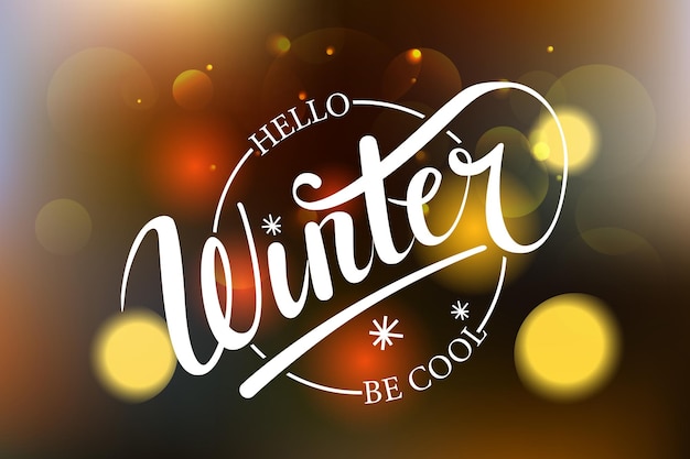 Hola invierno ser texto escrito a mano fresco. Letras de pincel en el fondo azul de invierno con copos de nieve. Diseño de tarjeta de vector con caligrafía. Tipografía de invierno. Plantilla de tarjeta, banner o flyer de invierno.