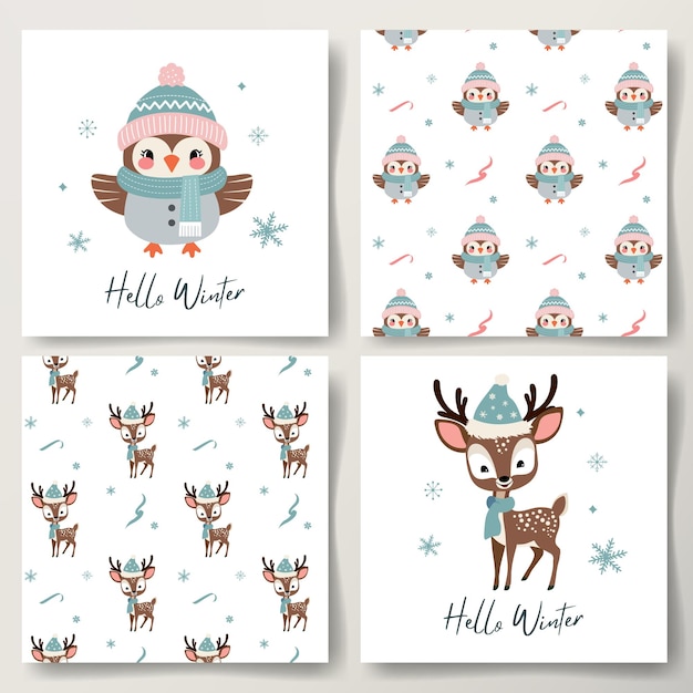 Hola invierno tarjetas minimalistas y patrones simpático búho y reno cartel de Navidad animales de invierno