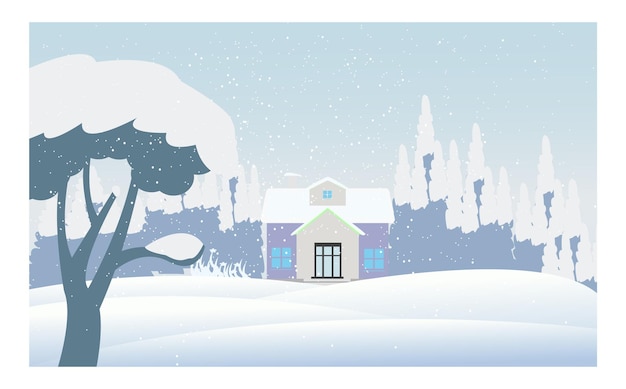 Hola, invierno, vector, saludo, bandera, plantilla, tarjeta de felicitación, con, copos de nieve, paisaje, y, casa