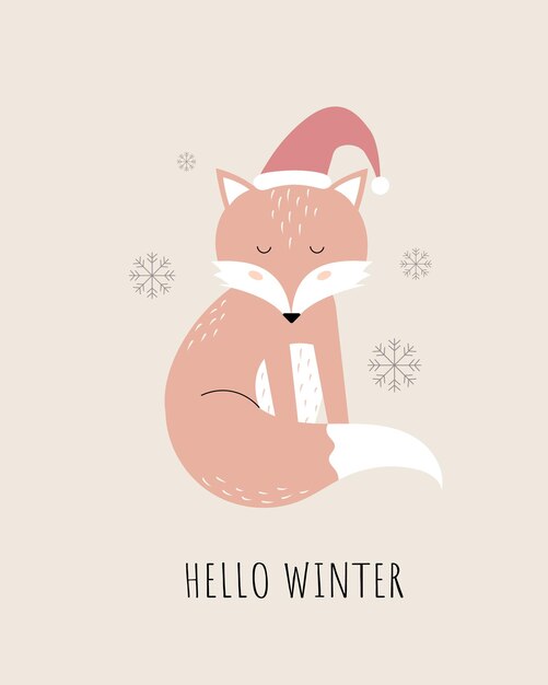 Hola invierno Un zorro con un sombrero de Navidad Ilustración vectorial de estilo escandinavo