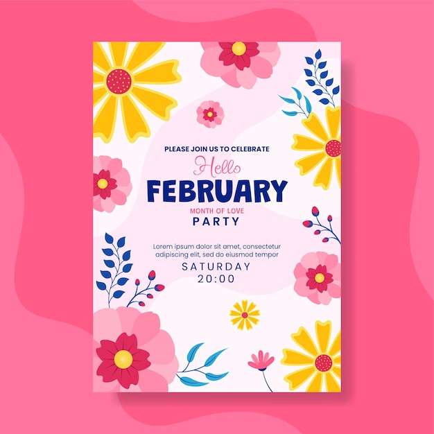 Hola Invitación de febrero Dibujos animados planos dibujados a mano plantillas Ilustración de fondo