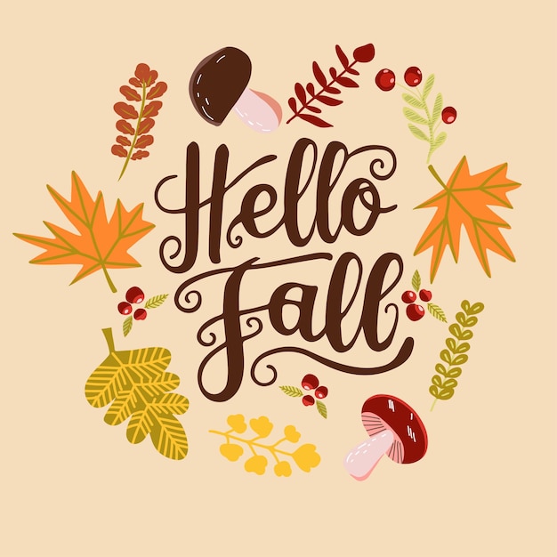 Hola letras de otoño tarjeta vectorial decorativa de otoño
