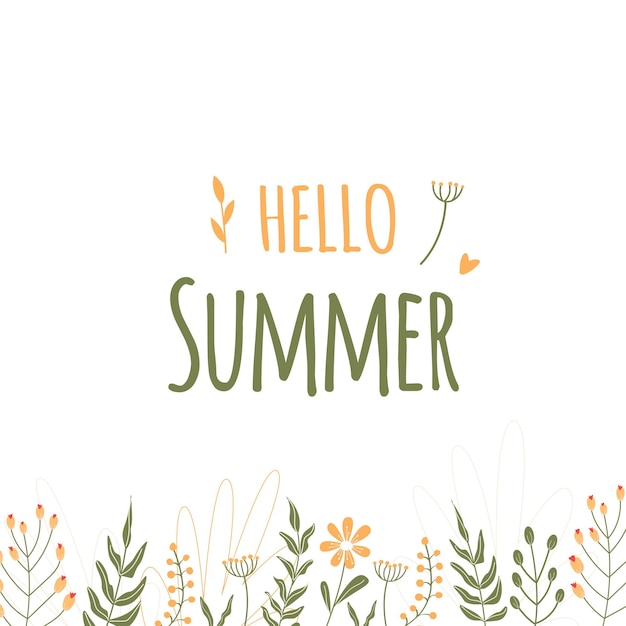 Hola letras de verano Banner flores y plantas de verano hojas fondo blanco minimalista Ilustración de flores Hojas de flores verdes y amarillas