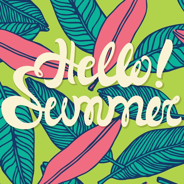 Vector hola letras de verano con fondo conceptual trópico natural, patrón de hojas de colores de verano. hola cartel de verano