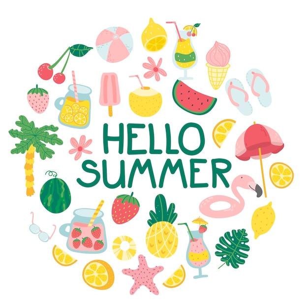 Hola letras de verano con lindos dibujos animados planos cóctel jugo helado frutas flores palmeras plantilla para una postal de banner o estampado de verano adorno circular