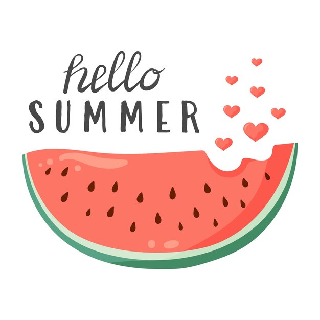 Hola letras de verano con rebanada de sandía Corteza verde vibrante y carne roja con semillas negras Ilustración vectorial plana para tarjeta postal tarjeta de felicitación invitación camiseta de cartel de impresión estacional