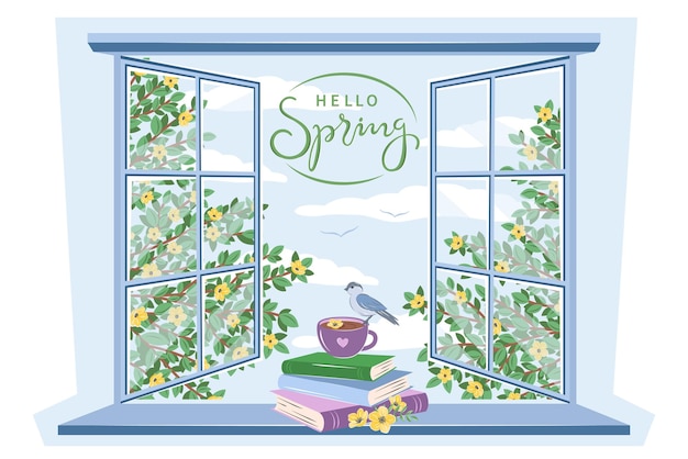 Hola libros de primavera taza de té o café y un pájaro cerca de la ventana de primavera