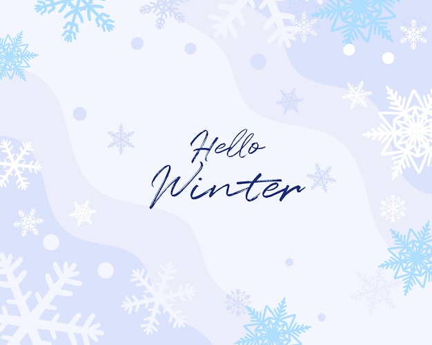 Hola marco de Navidad de invierno con copos de nieve en un fondo azul suave