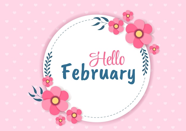 Hola mes de febrero con flores, corazones, hojas y lindas letras para decoración, ilustración