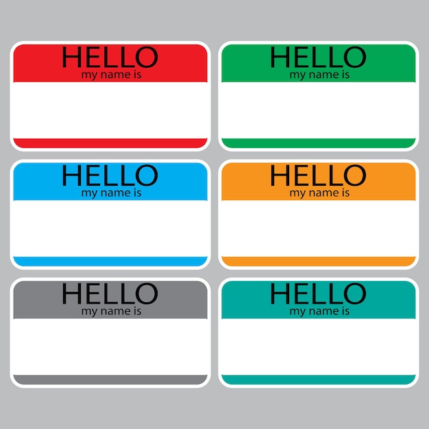 Hola, mi nombre es pegatina, signo, insignia, conjunto, color, etiqueta de nombre, tarjeta de nombre, nombres de bebé, placa de nombre, lista de nombres, mi nombre es Ilustración de diseño plano abstracto vectorial