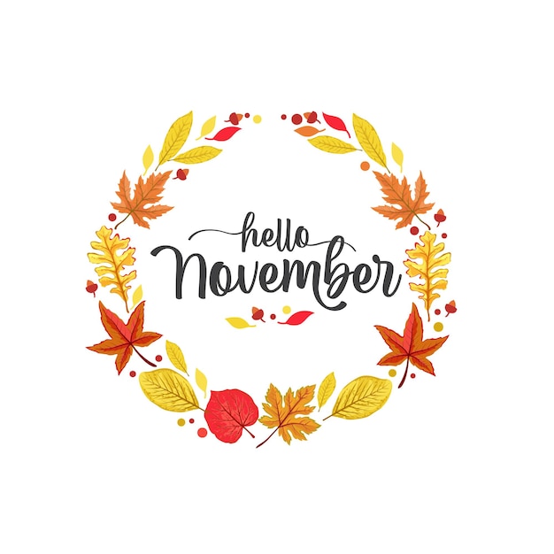 Hola noviembre letras escritas a mano con hojas de otoño vector