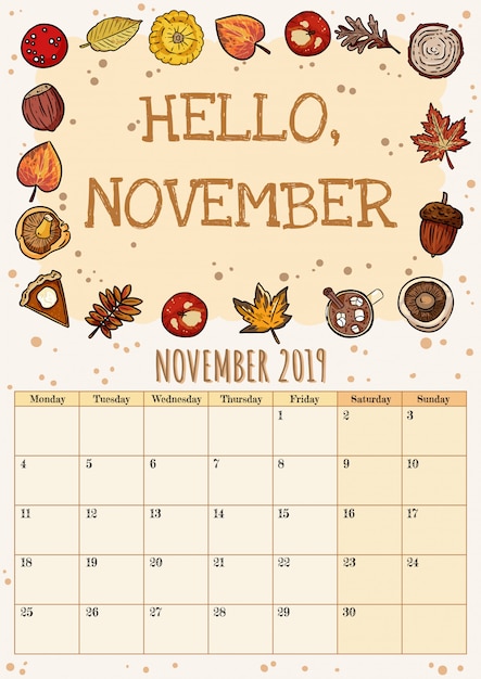 Vector hola noviembre lindo y acogedor higge 2019 calendario mensual con decoración de otoño