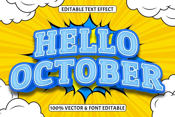 Vector hola octubre efecto de texto editable 3 dimensiones en relieve estilo cómic