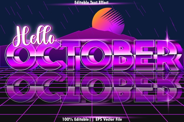 Hola Octubre Efecto de texto editable Estilo retro de los años 80 3D