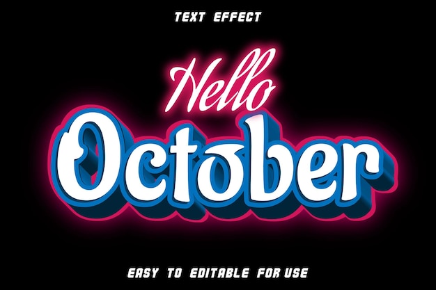 Hola octubre efecto de texto editable en relieve estilo neón