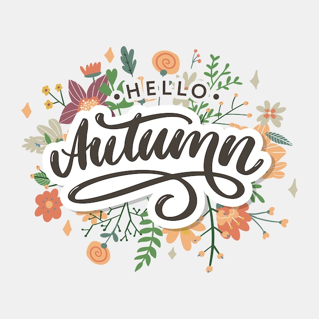 Vector hola otoño. adiós verano. la caligrafía de tendencia. ilustración en el fondo de hojas de otoño. concepto de publicidad de otoño.