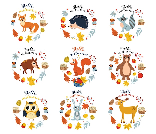 Hola otoño Animales del bosque juego Animales de dibujos animados dibujos a mano letras Tarjeta con hojas