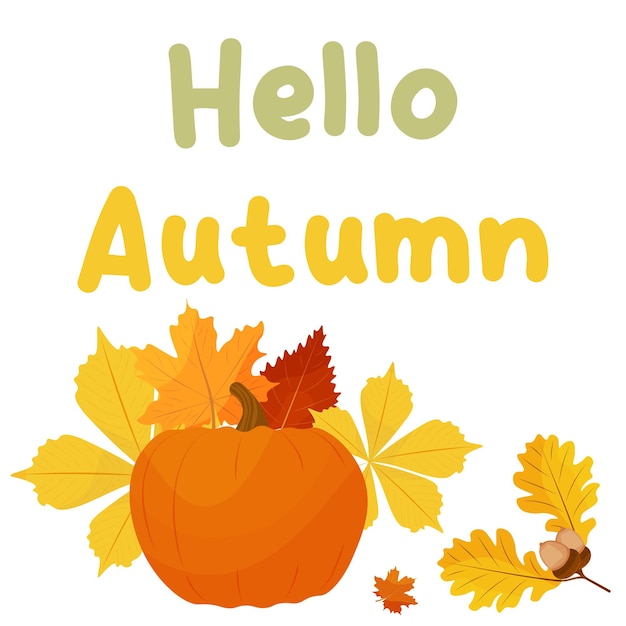 Hola otoño calabaza madura y hojas de otoño en un fondo blanco vector