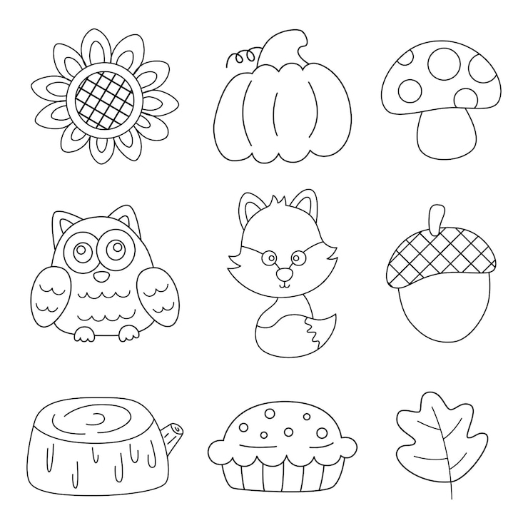 Vector hola otoño colección de temporada de otoño de bosque blanco y negro línea aislada sobre fondo blanco