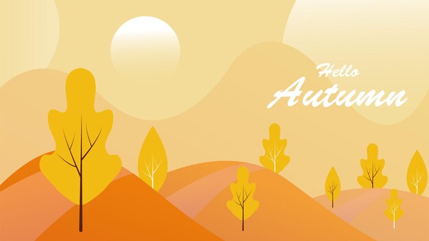 Hola otoño colorido banner web Paisaje otoñal con hojas que caen árboles y montañas