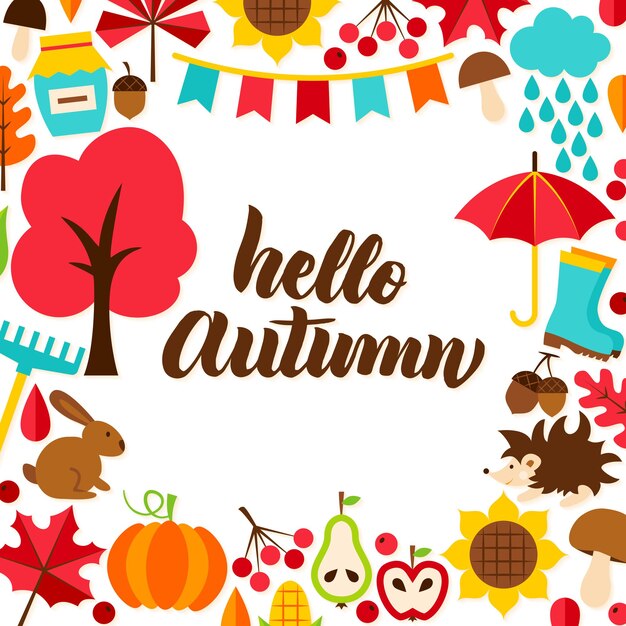 Hola otoño concepto con letras. Ilustración de vector. Temporada de otoño.