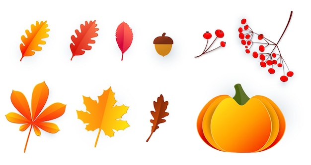 Hola otoño conjunto de elementos de otoño en estilo de corte de papel hojas bayas bellotas calabaza plantilla para el diseño de pancartas carteles publicidad postales ventas vector