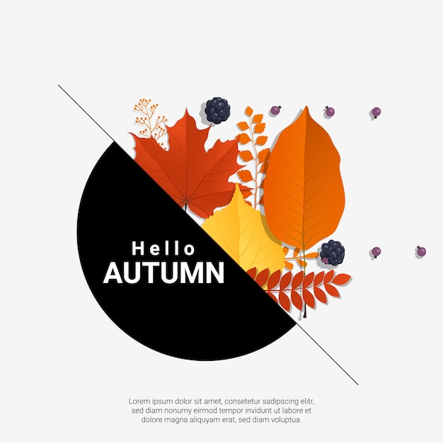 Vector hola otoño con fondo colorido de hojas y frutas