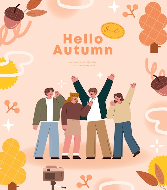Hola otoño Grupo de jóvenes tomando fotos Ilustración vectorial