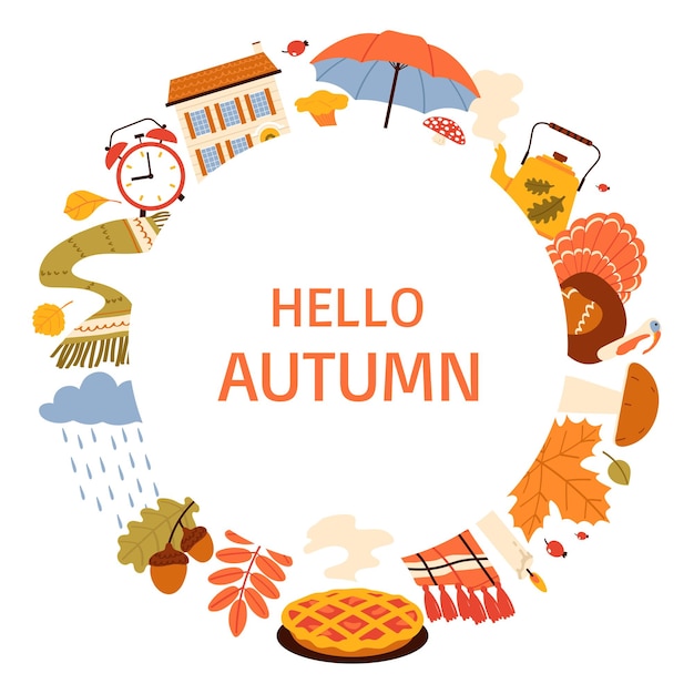 Hola otoño marco redondo Corona de hojas de otoño y objetos Ilustración vectorial plana sobre un fondo blanco