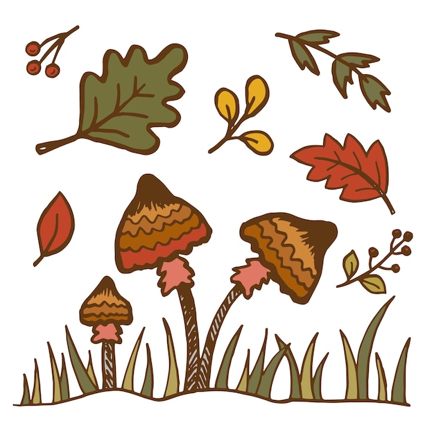 Vector hola otoño símbolos de cosecha de otoño conjunto de elementos de otoño hojas bayas y champiñones boceto dibujado a mano ilustración vectorial en estilo garabato
