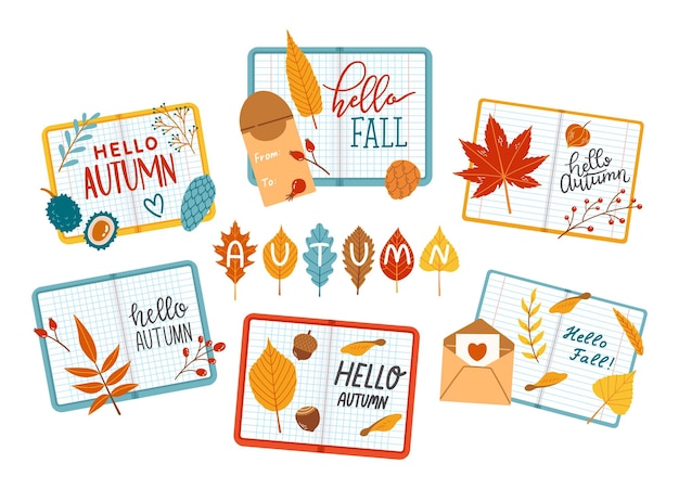 Hola otoño temporada de otoño conjunto de cuaderno escolar ilustración vectorial