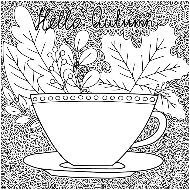 Vector hola página para colorear vector de otoño con taza de café y hojas de otoño linda página para colorear para niños y adultos con taza de café