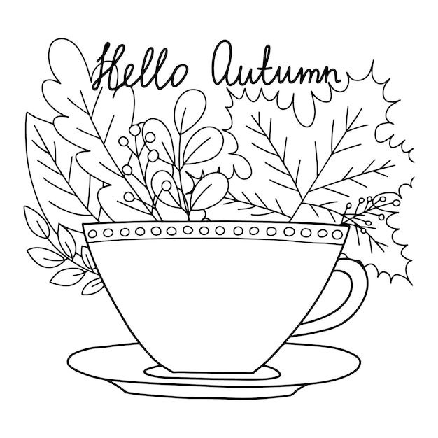Hola página para colorear vector de otoño con taza de café y hojas de otoño Linda página para colorear para niños y adultos con taza de café