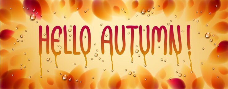 Vector hola palabra de otoño dibujada en una ventana, hojas amarillas y rojas y gotas de lluvia de agua o macro condensado, vector 3d ilustración transparente realista, arte hermoso de la naturaleza de otoño.