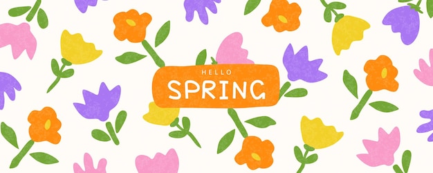 ¡Hola! pancarta de primavera con flores de primavera dibujadas a mano cartel o tarjeta para las vacaciones de primavera dibucada a mano