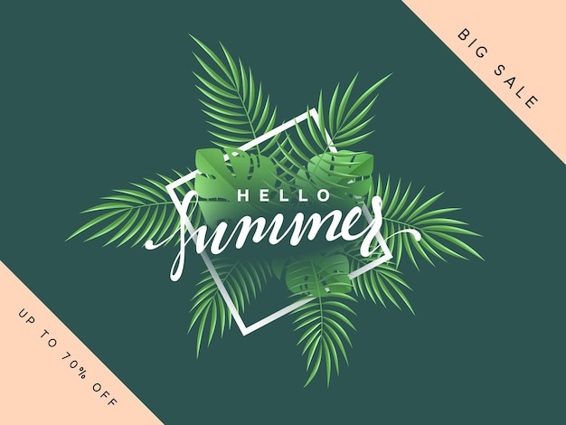 Vector hola pancarta de verano con fondo tropical. temporada de verano, cartel de diseño con hojas