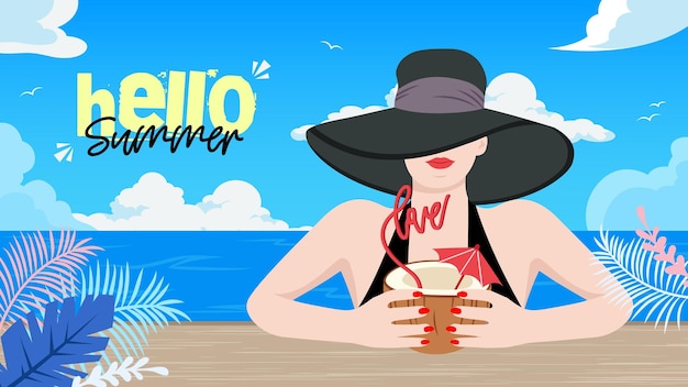 Vector hola pancarta de verano con hermosa mujer en bikini