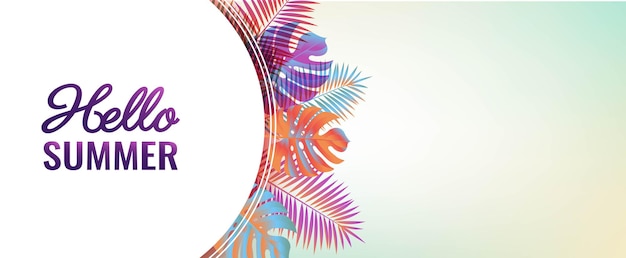 Hola pancarta de verano con hojas de palmera brillantes con malla de degradado, ilustración vectorial