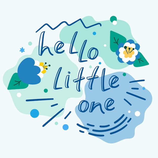 Hola pequeña tarjeta de felicitación con una caligrafía dibujada a mano y flores de dibujos animados