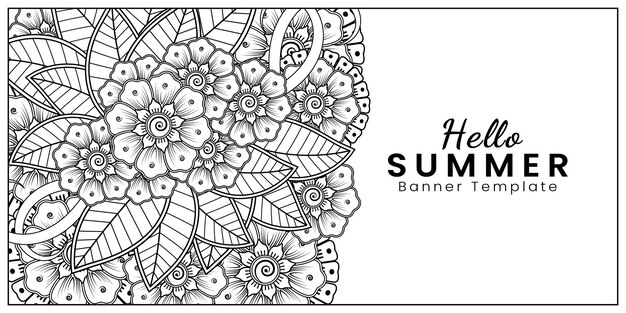 Hola plantilla de banner de verano con flor mehndi