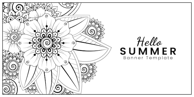 Hola plantilla de banner de verano con flor mehndi