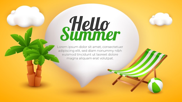 Vector hola plantilla de paisaje de banner de verano con lindo elemento 3d